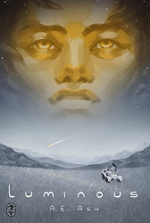 Luminous book cover, a mans face over an open plain