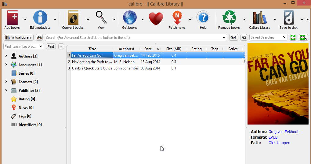 Screenshot of Calibre with book added